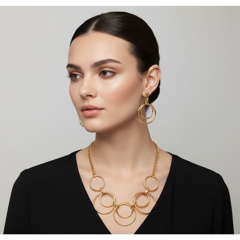 Trendy clip on gold chain hoop necklace and earring set
